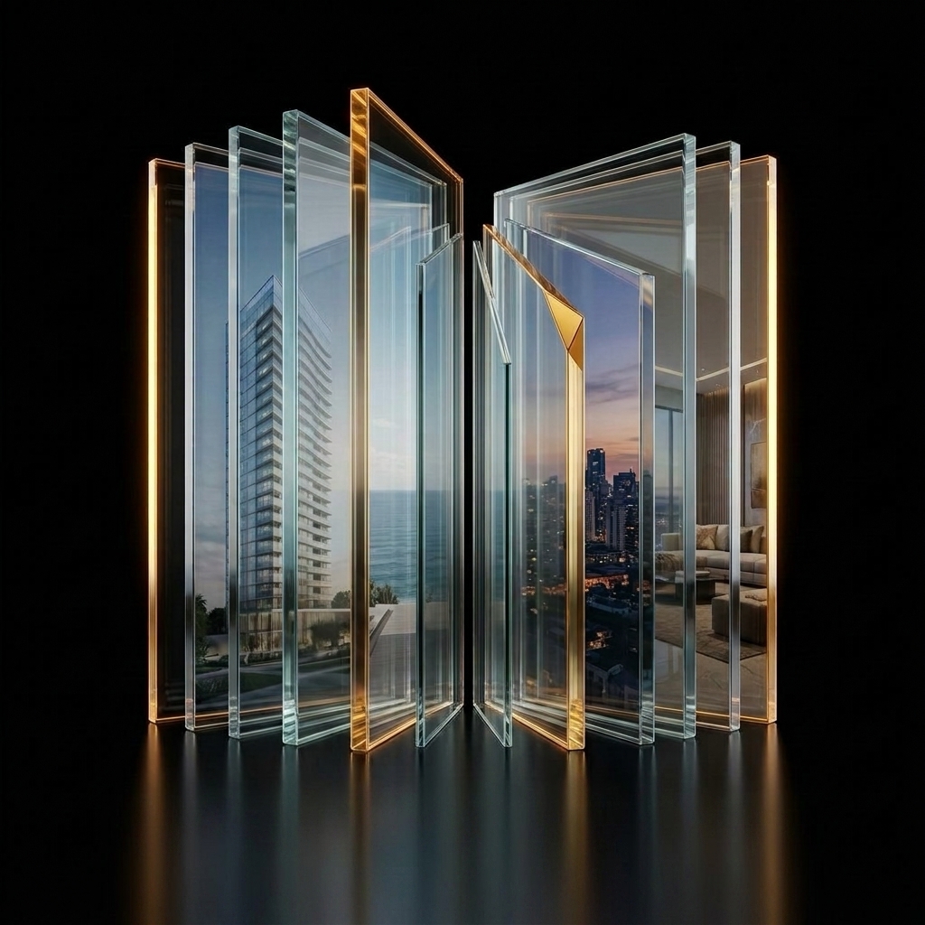 Lâminas de vidro de um marco SIDE refletindo torre, mar e cidade ao entardecer